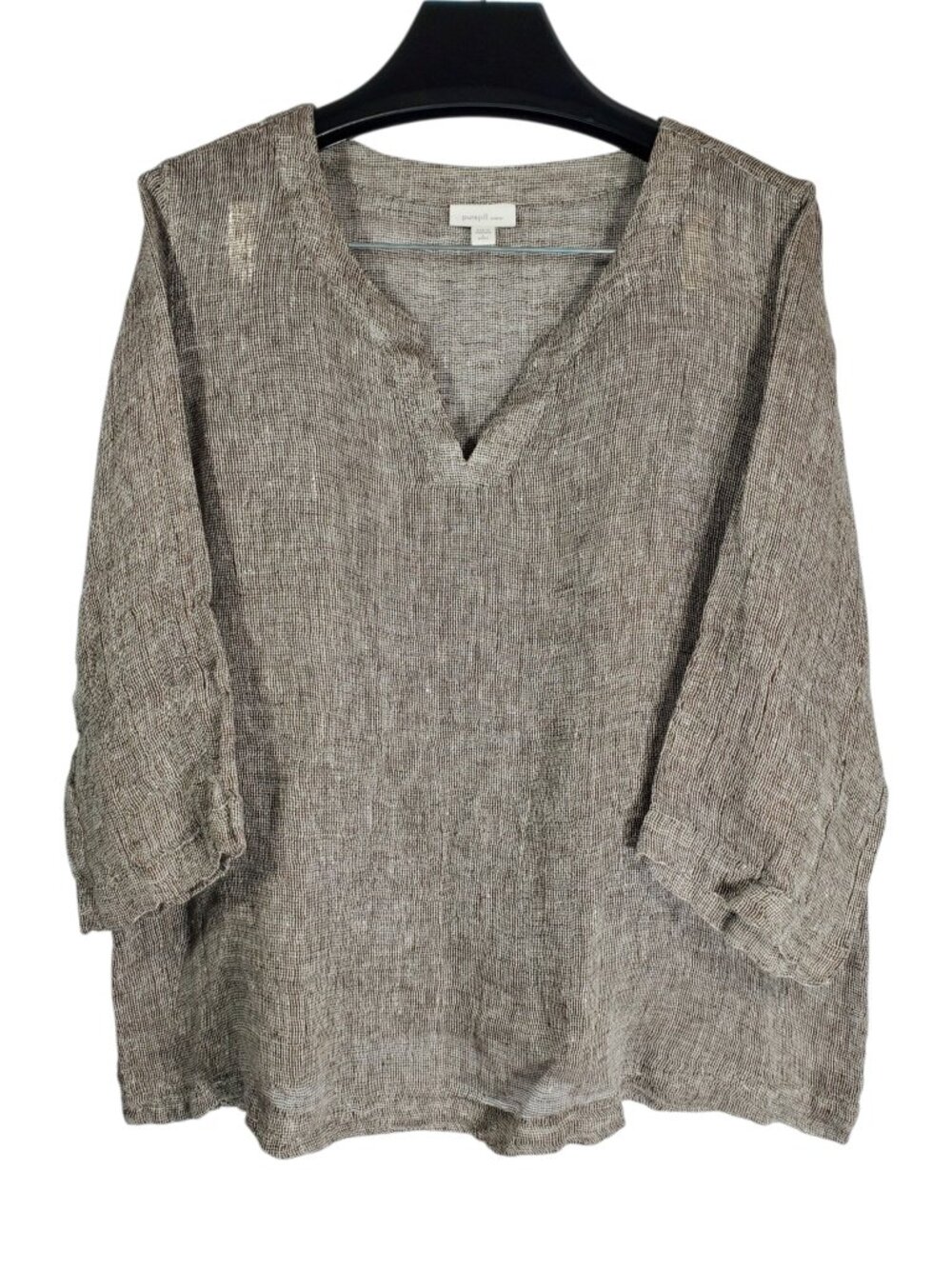 Pure Jill Linen Tunic Top Women's L Petite Taupe Gauzy V-Neck 3/4 Sleeve